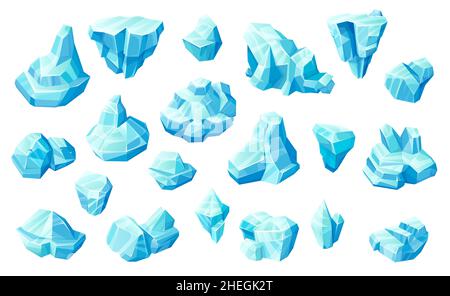 Ice cubes and crystals, blue frozen blocks game asset. Cartoon icicles, iceberg, magic stones, vector iced floes, salt mineral or cave stalagmites. Ca Stock Vector