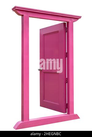 Isolated pink color of the real wooden opened door, slightly tilted on white background, weathered condition. Stock Photo