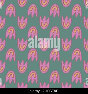 Floral seamless pattern with pink flowers on Turquoise green background. Stock Vector
