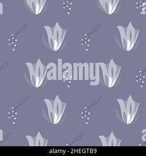 Floral seamless pattern with grey Eustoma flowers on purple background. Stock Vector