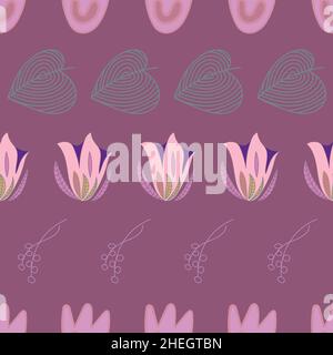 Floral seamless pattern with pink flowers arranged in rows on plum colour background. Stock Vector