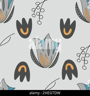 Floral seamless pattern with grey Eustoma flowers on white background. Stock Vector