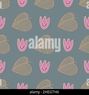 Floral seamless pattern with pink flowers and yellow leaves on grey green background. Stock Vector