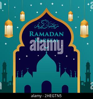 vector flat design ramadan kareem illustration with mosque, stars, candle lantern and frame. ramadan greeting card Stock Vector