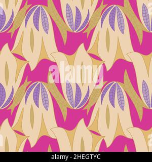 Floral seamless pattern with gold yellow Eustoma flowers on pink background. Stock Vector