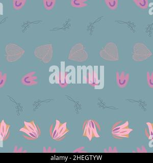 Floral seamless pattern with pink flowers arranged in rows on green background. Stock Vector