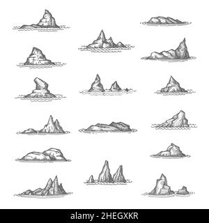 Sea rocks, rock outliers and reefs with shallows, vector sketch. Ocean island stones and beach landscape rocks with coast shore cliffs and mountains i Stock Vector