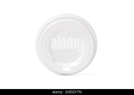 Plastic disposable top coffee cap lid isolated on white. Blank white disposable coffee cup lid mock up lying top view, 3d rendering. Empty drinking Stock Photo