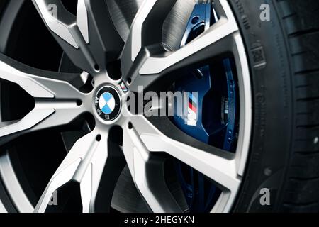 KRASNODAR, RUSSIA - NOVEMBER 19, 2020: Wheel of BMW car in Krasnodar car showroom Stock Photo