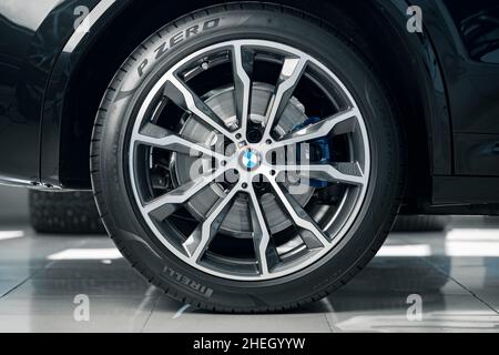 KRASNODAR, RUSSIA - NOVEMBER 19, 2020: Wheel of BMW car in Krasnodar car showroom Stock Photo