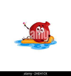 Pomegranate surfing with cocktail in hands isolated summer fruit character on rest. Vector pomegranate cartoon emoticon on pool air mattress, summerti Stock Vector