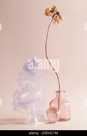 simplicity, naturalness, wabi sabi concept. dry flower in vase on beige background. fashionable colored glass objects.  Stock Photo
