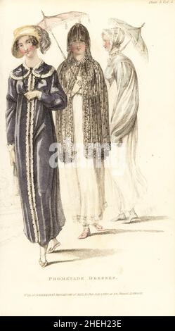 Women promenading in Kensington Gardens, London, 1810. Spanish pelisse of lilac sarsnet, woodland hat of lemon chip (L), white muslin dress with unella veil and cloak in black French lace (centre), and white cambric morning wrap, spencer cloak, helmet mob cap (R). Plate 5, July 1 1810. Handcoloured copperplate engraving by Thomas Uwins from Rudolph Ackermann's Repository of Arts, London. Stock Photo