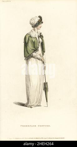 Regency woman in promenade dress of jaconot muslin, green capuchin mantle in shot sarsnet with Chinese silk fringe, matching parasol, satin Spanish hat. Roman shoes of green morocco leather. Designed by milliner Mrs Elizabeth Gill, 1 Cork Street, Burlington Gardens. Plate 16, September 1 1811. Handcoloured copperplate engraving by Thomas Uwins from Rudolph Ackermann's Repository of Arts, London. Stock Photo
