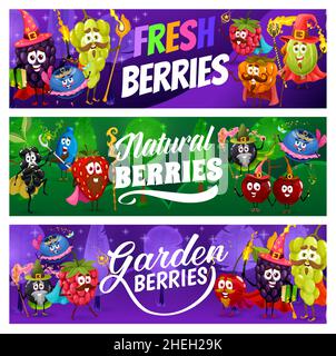 Witchcraft Raspberry Strawberry wizard with magic staff. Fruit or berry fantasy mascot with ...