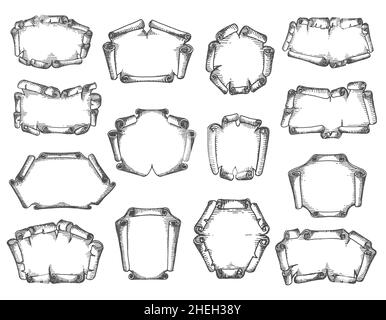 Old paper parchment scroll, manuscript or map medieval banners and frames, vector sketch. Hand drawn scrolls or ancient vintage papyrus, scripture let Stock Vector