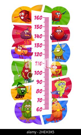 Kids height chart cartoon fruit superheroes and defenders. Growth measure meter vector ruler scale with plum, papaya, lychee, dragon fruit and figs, b Stock Vector