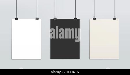 Hanging paper posters mockup, realistic sheets of paper on strings, photo gallery vector 3d blank mock up. Black and white isolated empty vertical boa Stock Vector