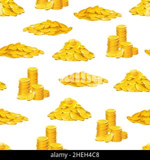 Cartoon golden coins stacks seamless pattern background, vector gold money cash. Golden coins piles of treasure fortune, casino jackpot win of dollars Stock Vector