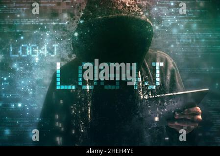 Hooded computer hacker in cybersecurity vulnerability Log4J concept with digital glitch effect Stock Photo