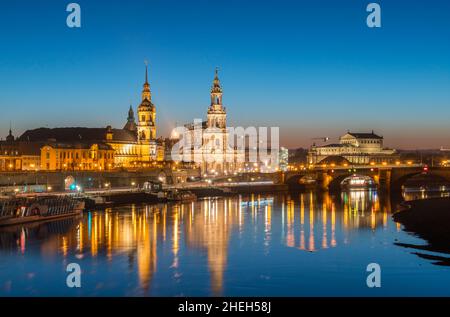 Night skyline of city of Dresden and Elbe River in Saxony, Germany. Stock Photo