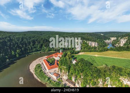 Impressive aerial views to Danube valley and gorge near monastery of Weltenburg Stock Photo