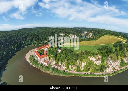 Impressive aerial views to Danube valley and gorge near monastery of Weltenburg Stock Photo