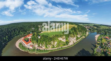 Impressive aerial views to Danube valley and gorge near monastery of Weltenburg Stock Photo