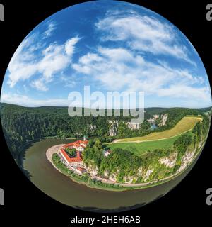 Impressive aerial views to Danube valley and gorge near monastery of Weltenburg Stock Photo