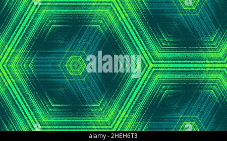 Symmetric abstract geometric ornament for wallpaper background design, textile printing, wrapping. Seamless hexagon concentric textured pattern in emerald, teal, lime green colors. Stock Vector