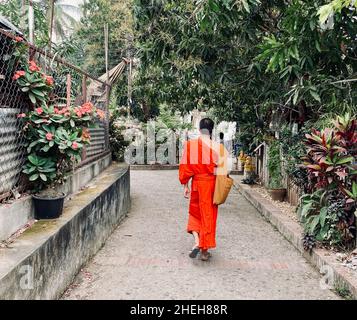 Luang Phrabang, Laos - Feb 5, 2020. Monks walking on street in Luang Phrabang, Laos. The city was the capital of the kingdom of Laos for thousands of Stock Photo
