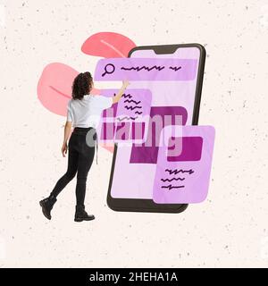 Creative design. Contemporary art collage. Young woman, professional web developer and designer testing new mobile app Stock Photo