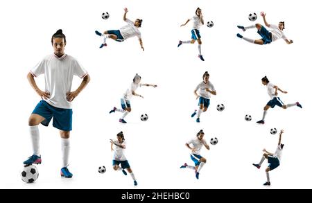 Soccer Players Cards. Footballers In Different Dynamic Poses, Leading And  Hitting Ball, Athletes In Playing Process And Text, Team Sport Game. Bright  Colors Posters, Vector Cartoon Set Royalty Free SVG, Cliparts, Vectors,