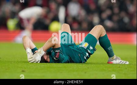 Manchester, England, 10th January 2022. Emiliano Martinez of Aston Villa reacts at the final whistle during the Emirates FA Cup match at Old Trafford, Manchester. Picture credit should read: Andrew Yates / Sportimage Stock Photo