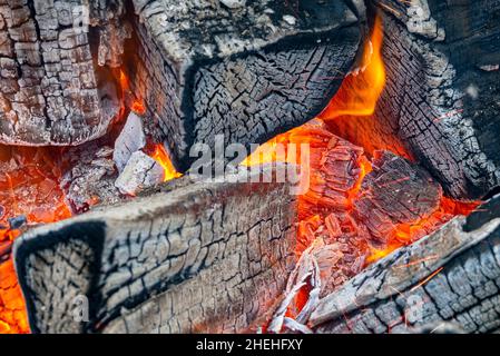 Close-up of flame, fire with ash, logs, wood. Selective focus Stock Photo