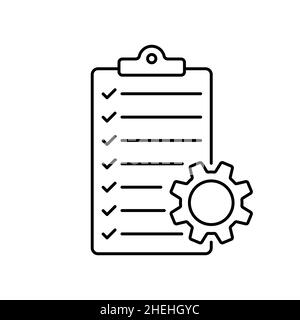 Checklist with gear icon. Software development. Technical support check list icon. Management concept. Vector on isolated background. EPS 10. Stock Vector