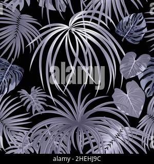 Seamless vector pattern monochrome silver palm tree leaves and flowers on black background Stock Vector