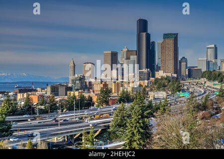 Downtown skyline with Interstate 5, Seattle, Washington, USA Stock Photo