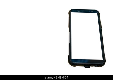 view of a rectangular case of a mobile phone, smartphone with a blank screen for inserting text on a white clean isolated background Stock Photo