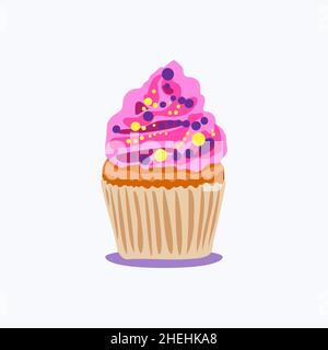 Cartoon cupcake with colorful shavings and pink cream decoration. Muffin isolated on white background. Dessert icon vector illustration, object flat d Stock Vector