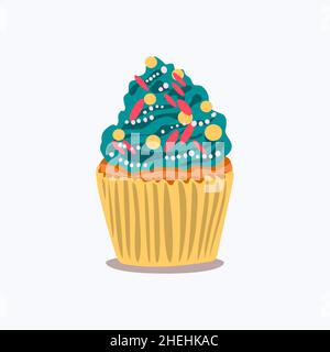 Cartoon cupcake with colorful shavings and blue cream decoration. Muffin isolated on white background. Dessert icon vector illustration, object flat d Stock Vector