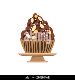 Cartoon chocolate cupcake with colorful shavings and brown cream decoration in plate. Muffin isolated on white background. Dessert icon vector illustr Stock Vector