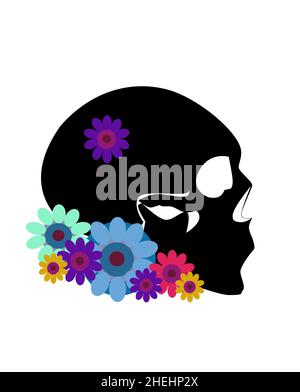 Black skull icon side view with blue, pink and purple flowers, isolated on the white background. Print for fashion design, t-shirts, posters. Vector. Stock Photo