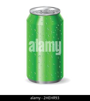 realistic green aluminum drink soda pop can cold with water droplets vector isolated on white background Stock Vector