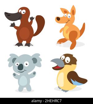 Illustrated stylized Kangaroo Koala, Kookaburra and Platypus fun happy australian animal cartoon characters set vector isolated on white background Stock Vector