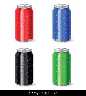 realistic aluminum drink soda pop cans colored red blue black green set cold with water droplets vector isolated on white background Stock Vector