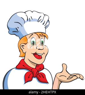 happy smiling chef or baker cartoon character wearing toque and cravat vector isolated on white background Stock Vector