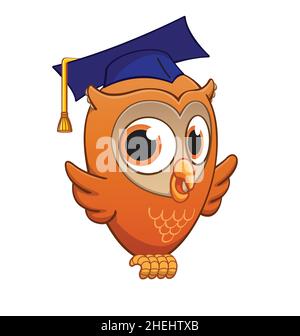 cute smart cartoon owl graduation with mortarboard hat vector isolated on white background Stock Vector