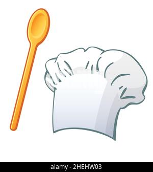 cartoon chefs hat toque blanche and wooden spoon cooking baking items elements vector isolated on white background Stock Vector