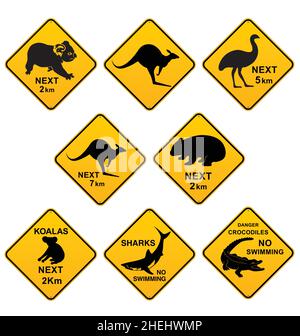 Various Australian animal highway road signs and warning signs kangaroo wombat koala shark crocodile emu vector isolated on white background Stock Vector